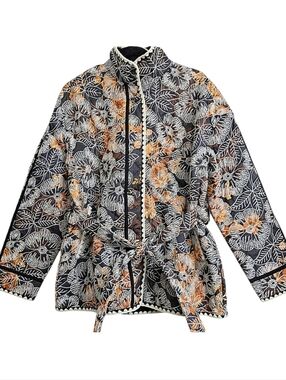 7 For All Mankind Boho Embroidered Floral Quilted Belted Jacket In Earthtones